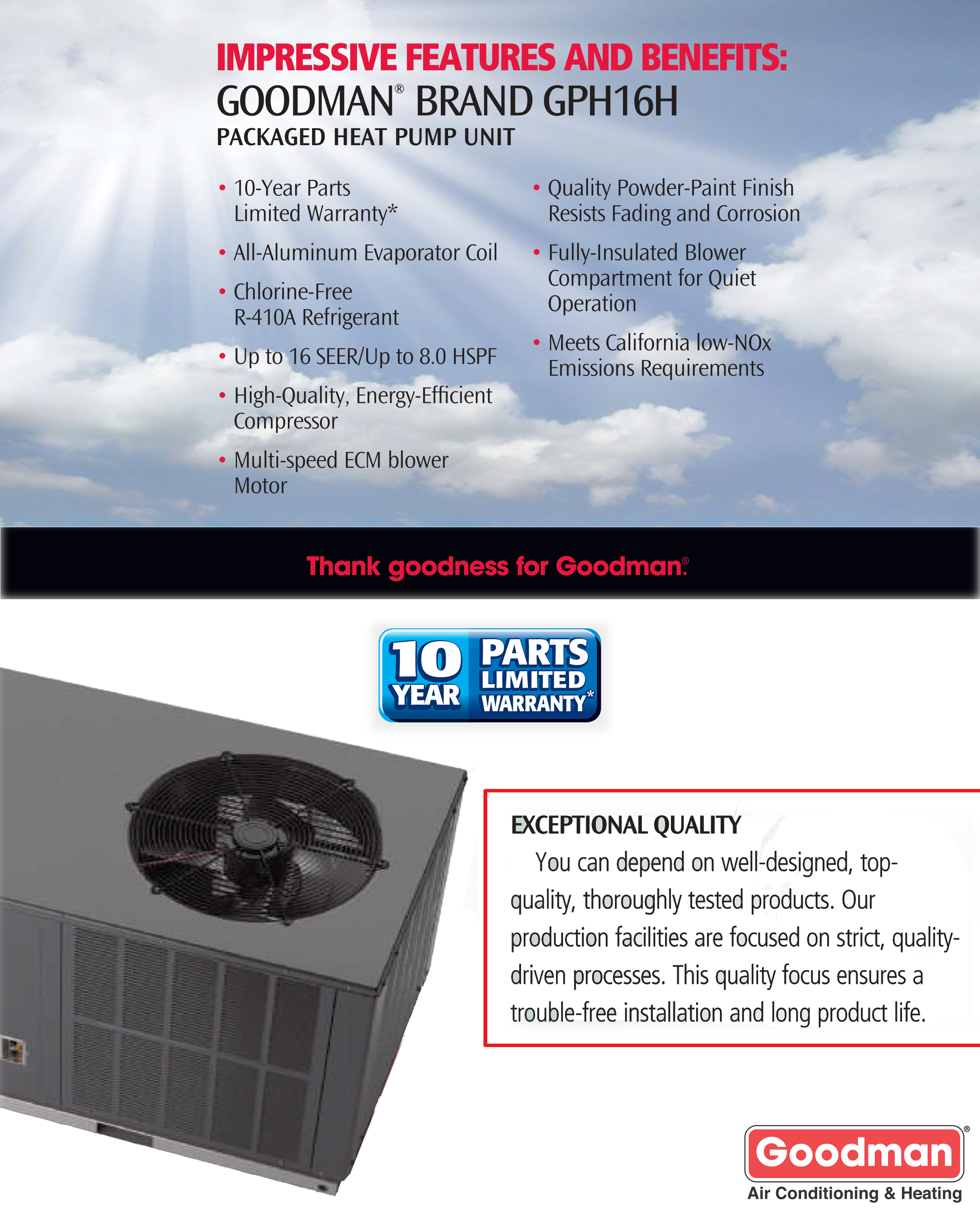 Goodman 4.0 Ton 16 SEER Two Stage Compressor Heat Pump Package Unit GPH1648H41 (8205)